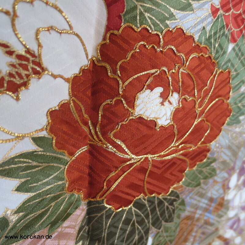 Golddruck /-stickerei, Blütenzweigen, Seidendamast Wolken Furisode Kimono