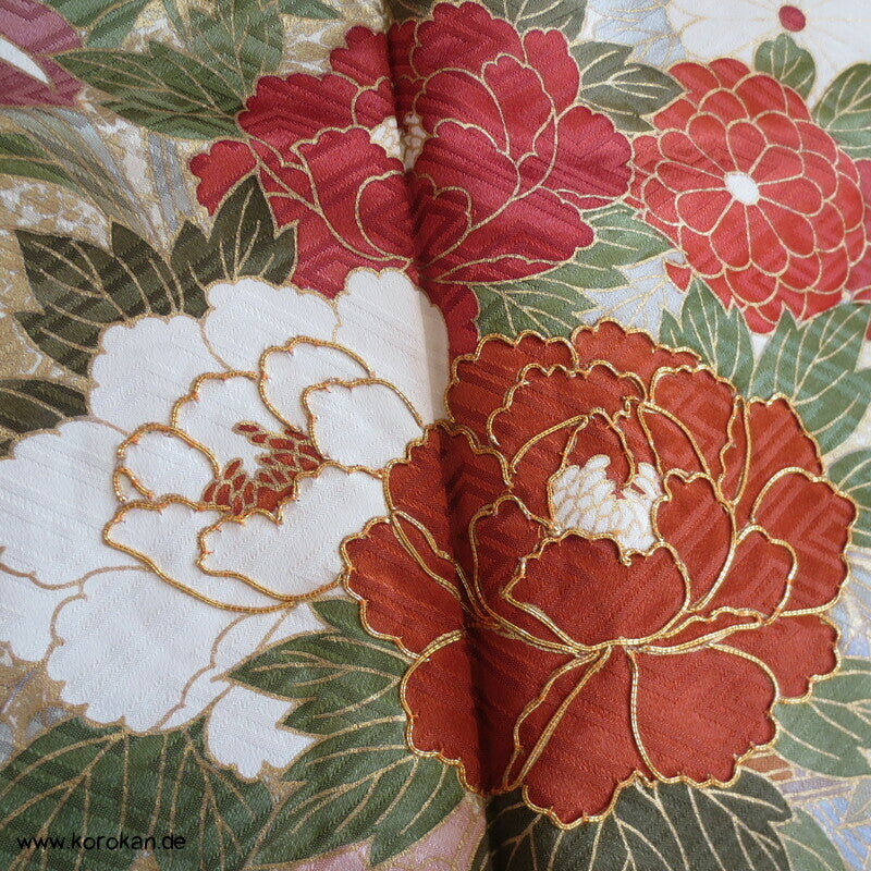 Golddruck /-stickerei, Blütenzweigen, Seidendamast Wolken Furisode Kimono