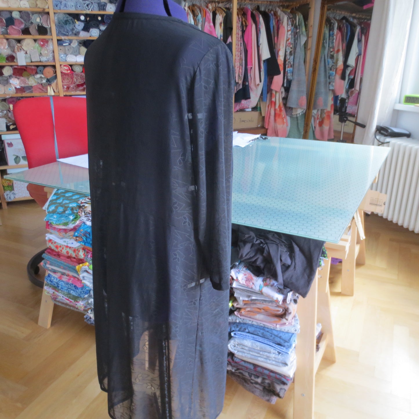 schwarzer Stretch - Spitze Überwurf / Unterkleid, 3/4 Arm