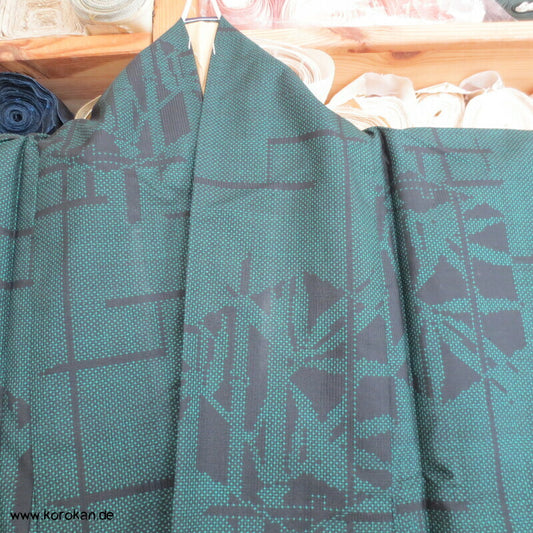 flaschengrün schwarz Kasuri Tsumugi Seiden Kimono, Bambus in Kikko