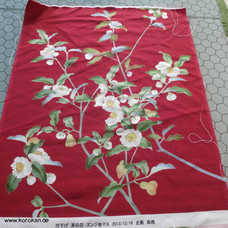 Panel Musterseide für Kimono - Kamelien, Blütenzweige