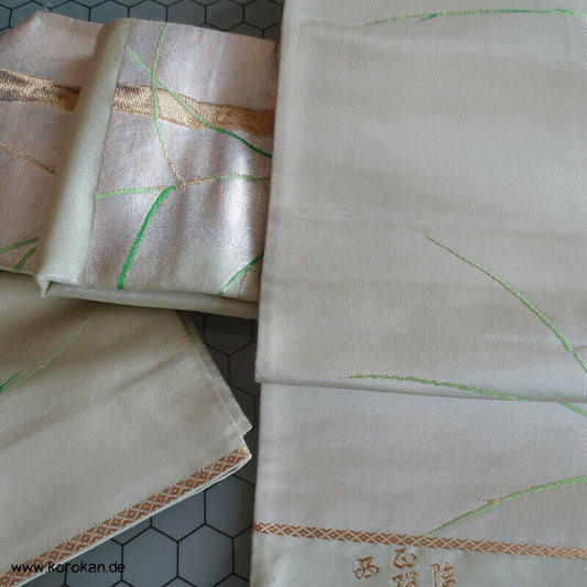 Fukuro Obi Seidenbrokat goldener Bambus in schilf