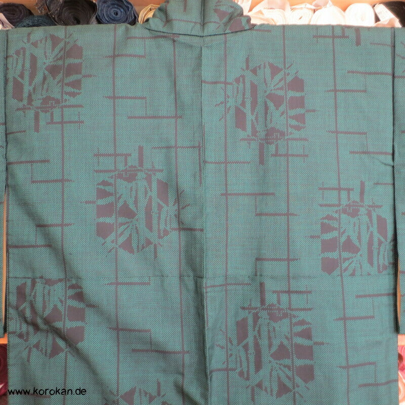 flaschengrün schwarz Kasuri Tsumugi Seiden Kimono, Bambus in Kikko