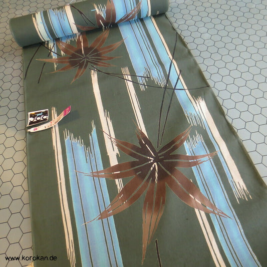 braune Blätter auf grün und hellblau Yukata Kimono Baumwoll Stoff