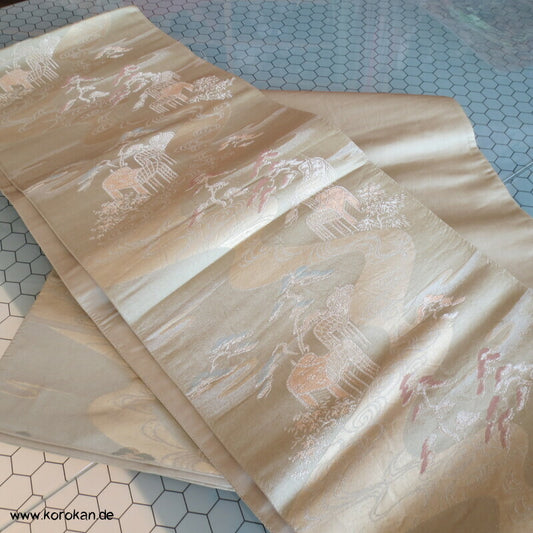 Fukuro Obi Seidenbrokat Fluss und Wagen