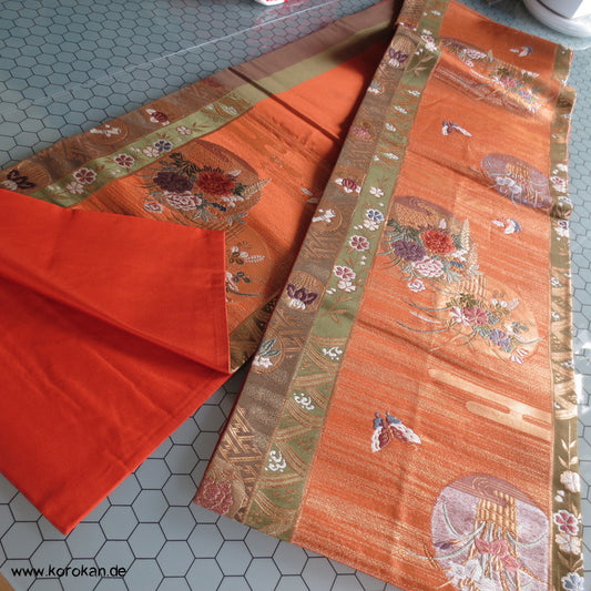 Blüten und Schmetterlinge Fukuro Obi kupfer-gold Seidenbrokat Kimonogürtel