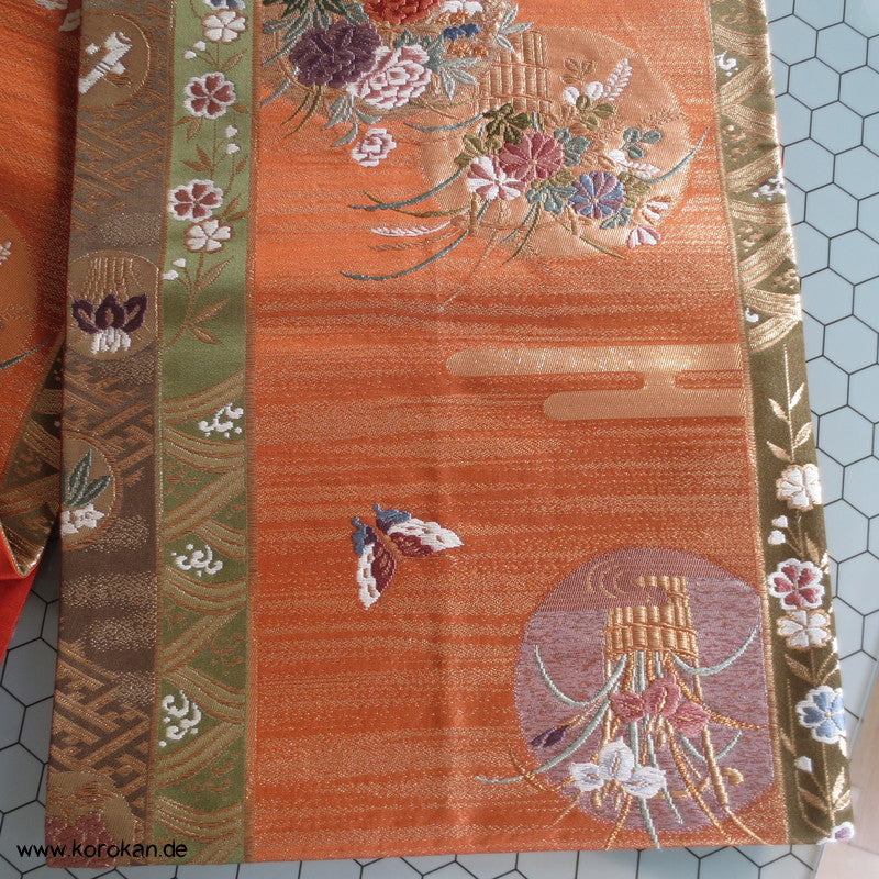 Blüten und Schmetterlinge Fukuro Obi kupfer-gold Seidenbrokat Kimonogürtel