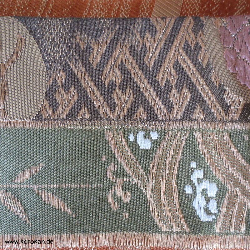 Blüten und Schmetterlinge Fukuro Obi kupfer-gold Seidenbrokat Kimonogürtel
