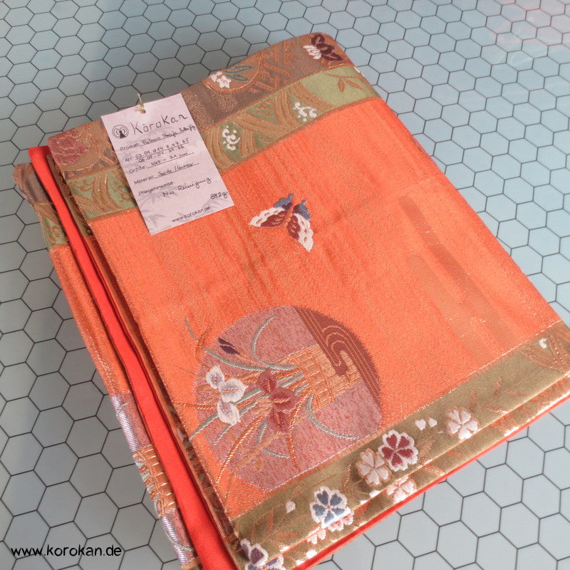 Blüten und Schmetterlinge Fukuro Obi kupfer-gold Seidenbrokat Kimonogürtel
