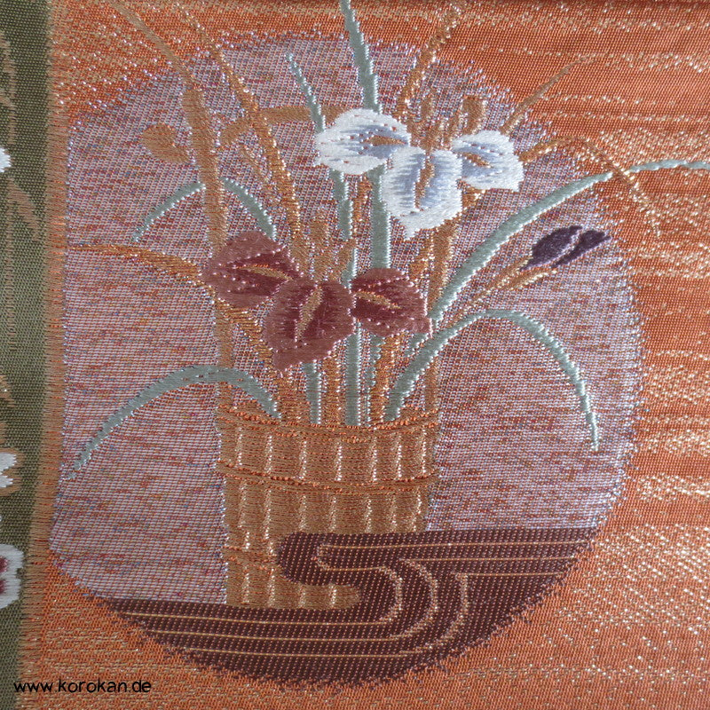 Blüten und Schmetterlinge Fukuro Obi kupfer-gold Seidenbrokat Kimonogürtel