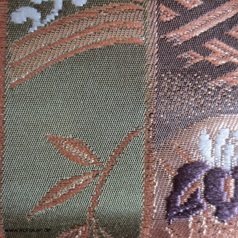 Blüten und Schmetterlinge Fukuro Obi kupfer-gold Seidenbrokat Kimonogürtel