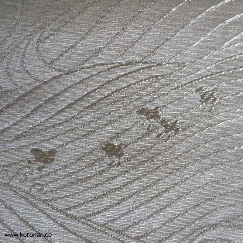 Wellen und Ahornblätter am Rand natur - silber Fukuro Obi Seidenbrokat Kimonogürtel