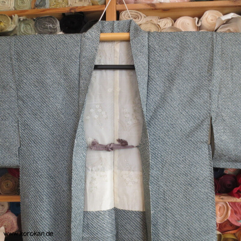 Full Shibori blaugrün Seidendamast Haori Kimono Jacke mit Himo