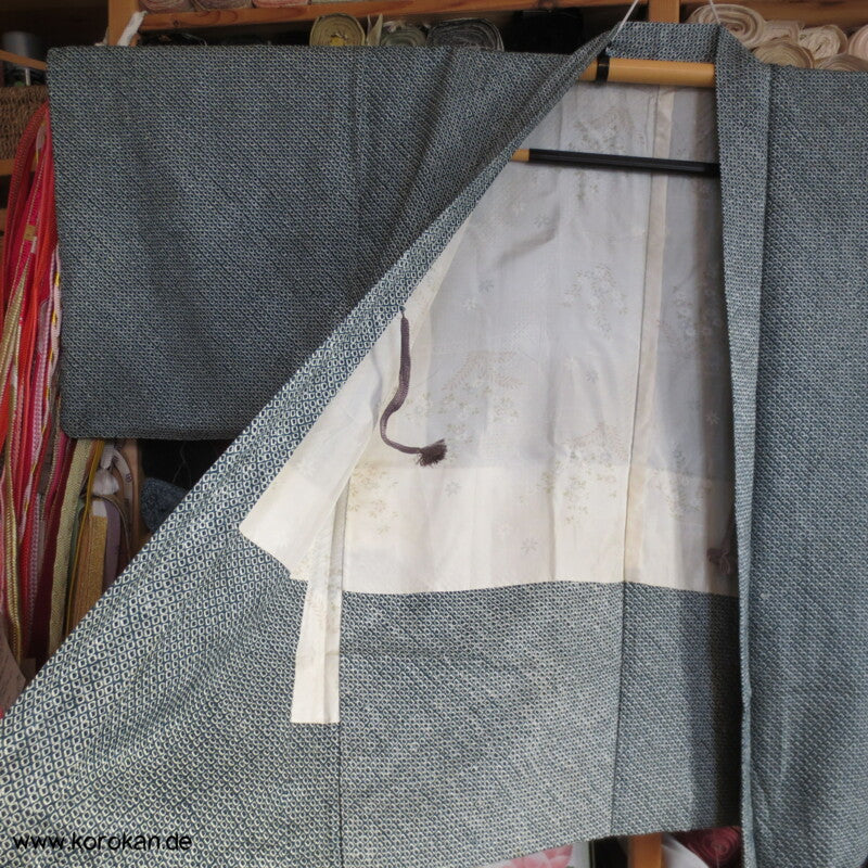 Full Shibori blaugrün Seidendamast Haori Kimono Jacke mit Himo