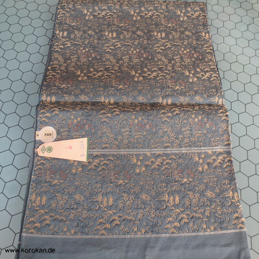 Landschaft in blaugrau antiker unbenutzter Fukuro Obi, mit Etiketten