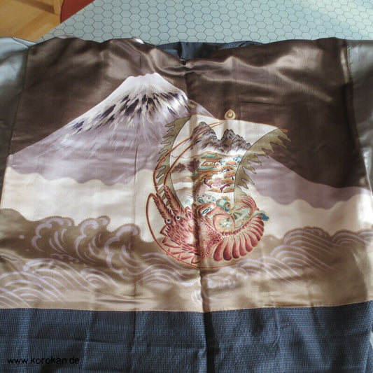Fuji San, Ebikrabben Futter - Tsumugi Seiden Haori Kimono Jacke