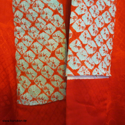 rote dünne Rinzu Damast Seide Juban Unterkimono, Shibori Kragen