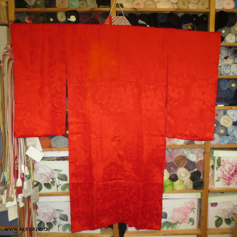 rote dünne Rinzu Damast Seide Juban Unterkimono, Shibori Kragen