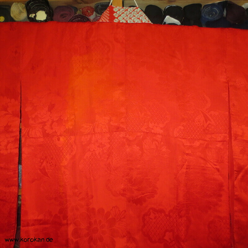 rote dünne Rinzu Damast Seide Juban Unterkimono, Shibori Kragen