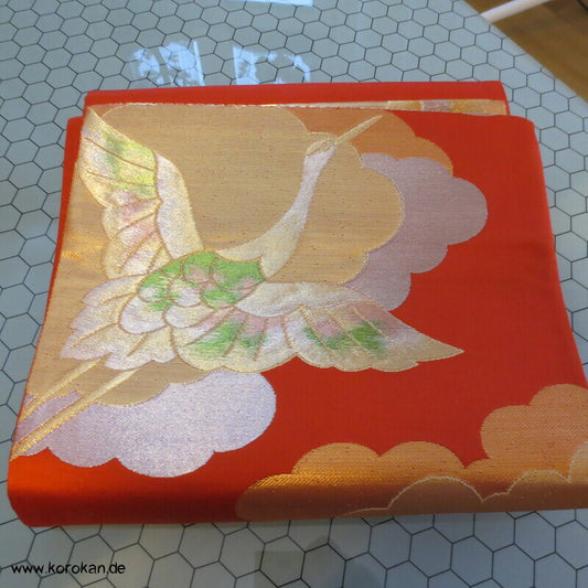 Kraniche aufsteigend Seiden Brokat Fukuro Obi Kimonogürtel