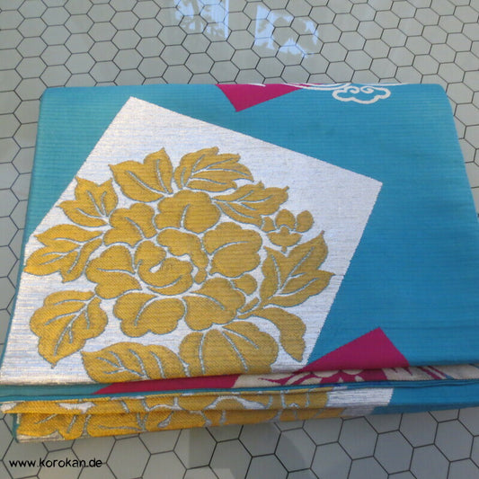 Kusudama, sehr alter Seidenbrokat Fukuro Obi, türkis silber gold pink