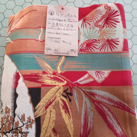 Bambus, Fächer auf Blockkaro, antiker Nagoya Obi Seidenbrokat Kimonogürtel