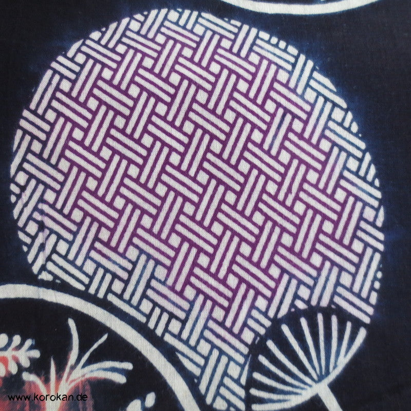 runde bunte Fächer auf dunkelblau Yukata Kimono Baumwoll Stoff