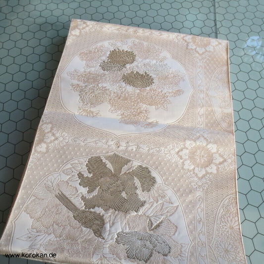 goldene Blüten Spiegel Seiden Brokat Fukuro Obi Kimonogürtel