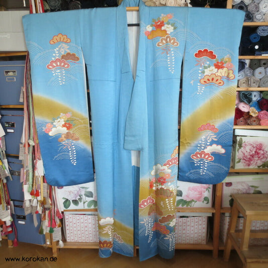 Seidencrepe Furisode Kimono feine Shibori Wellen, Pinien, Wisteria, Päonien
