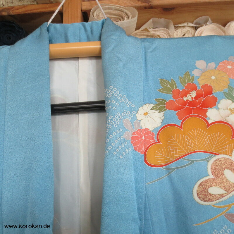 feine Shibori Wellen, Pinien, Wisteria, Päonien Seidencrepe Furisode Kimono
