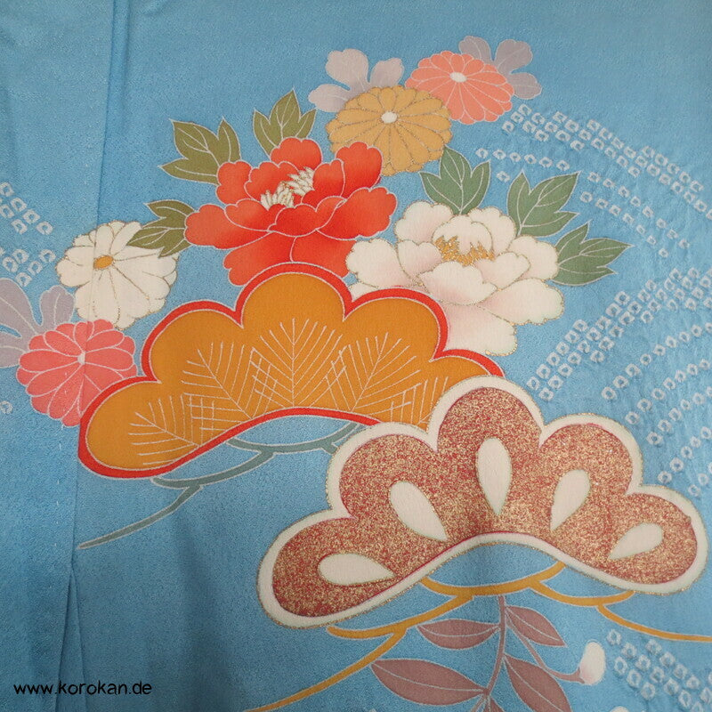 feine Shibori Wellen, Pinien, Wisteria, Päonien Seidencrepe Furisode Kimono