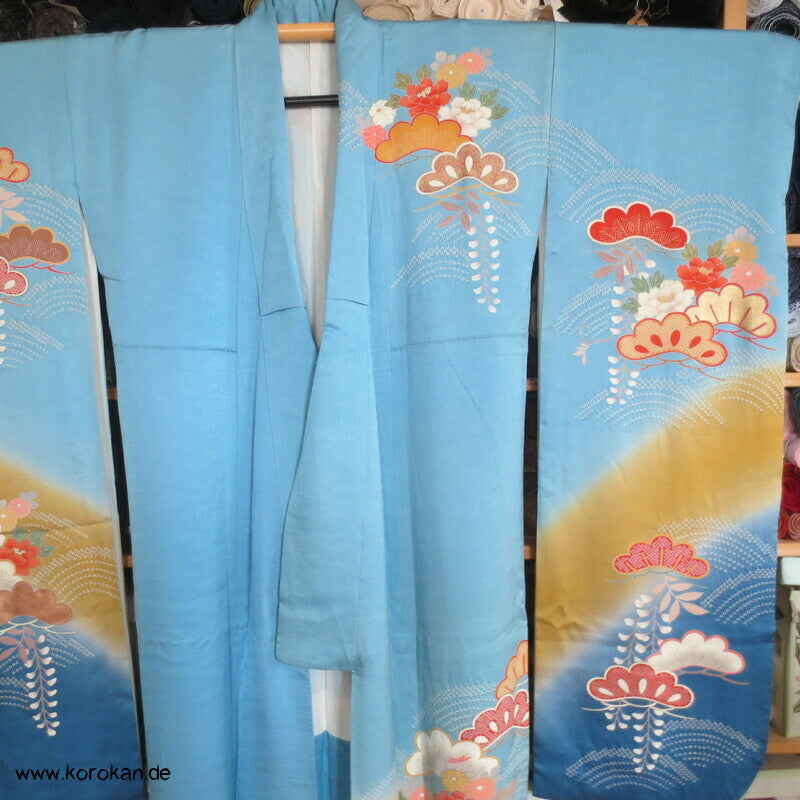 feine Shibori Wellen, Pinien, Wisteria, Päonien Seidencrepe Furisode Kimono