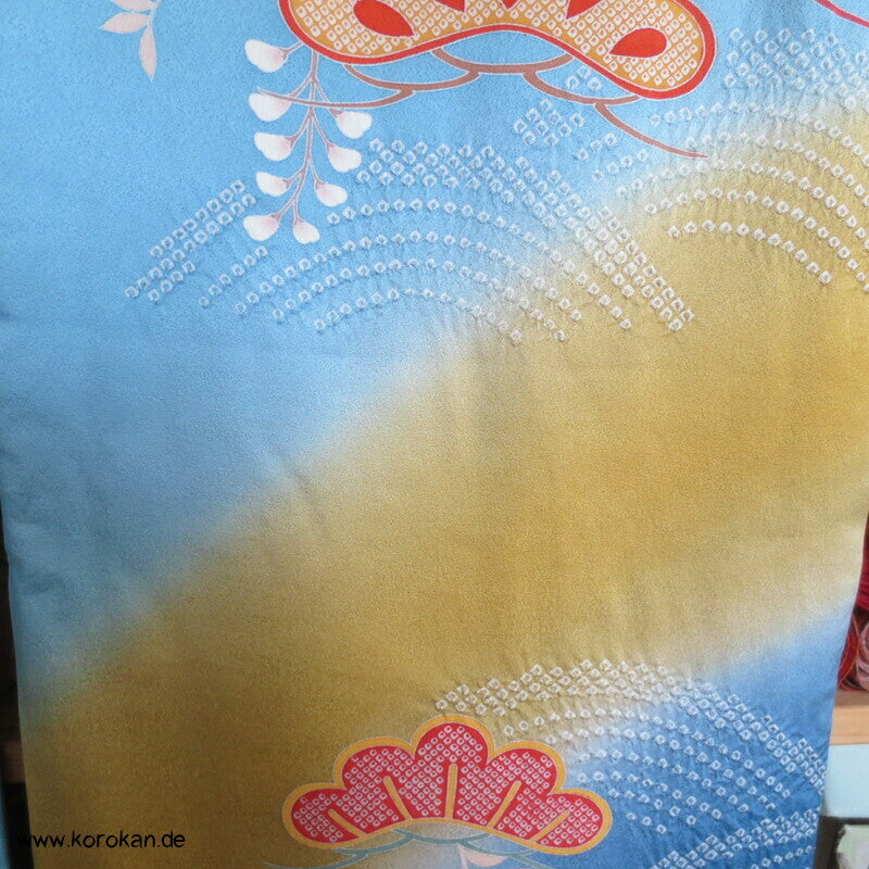 feine Shibori Wellen, Pinien, Wisteria, Päonien Seidencrepe Furisode Kimono