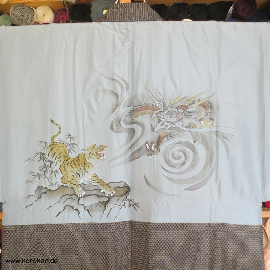 Tiger und Drachen Futter Tsumugi Seiden Kasuri Haori Männer Kimono Jacke