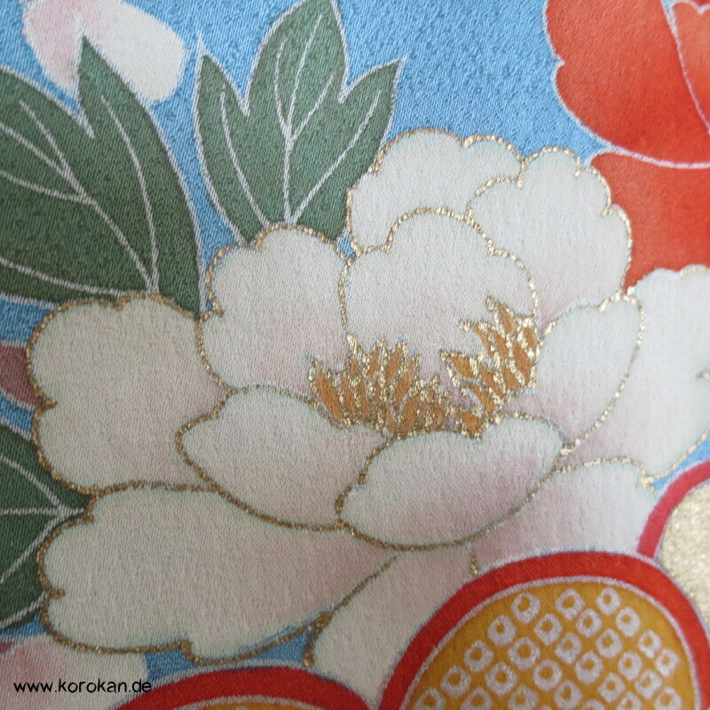 feine Shibori Wellen, Pinien, Wisteria, Päonien Seidencrepe Furisode Kimono