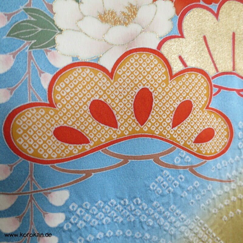 feine Shibori Wellen, Pinien, Wisteria, Päonien Seidencrepe Furisode Kimono