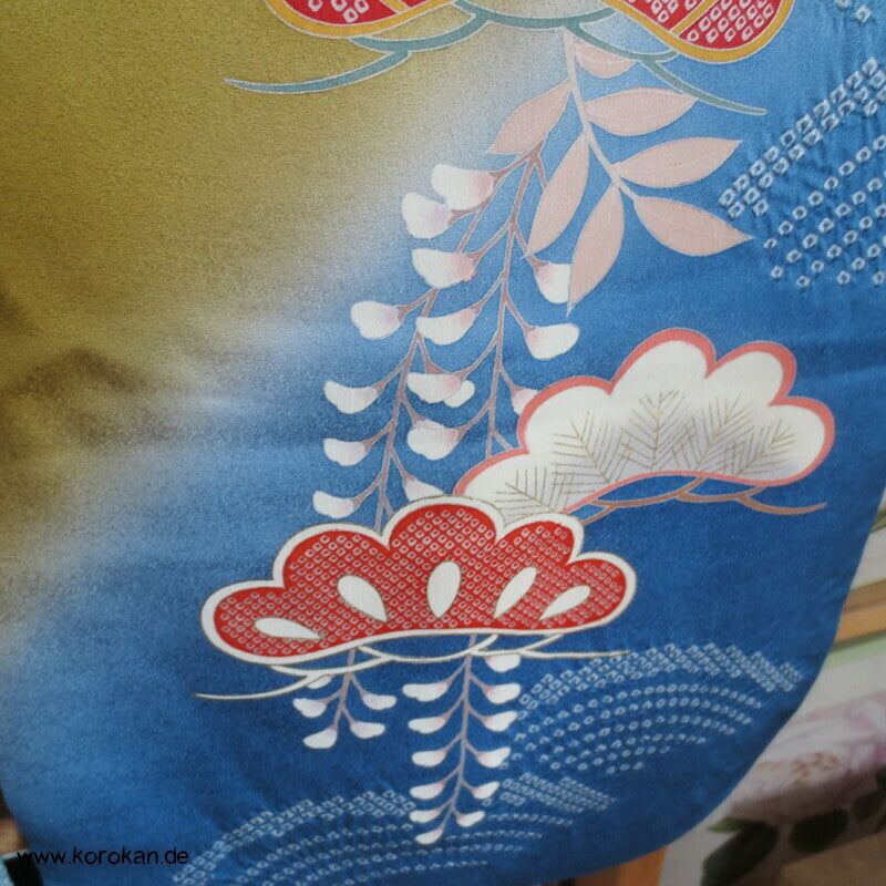 feine Shibori Wellen, Pinien, Wisteria, Päonien Seidencrepe Furisode Kimono