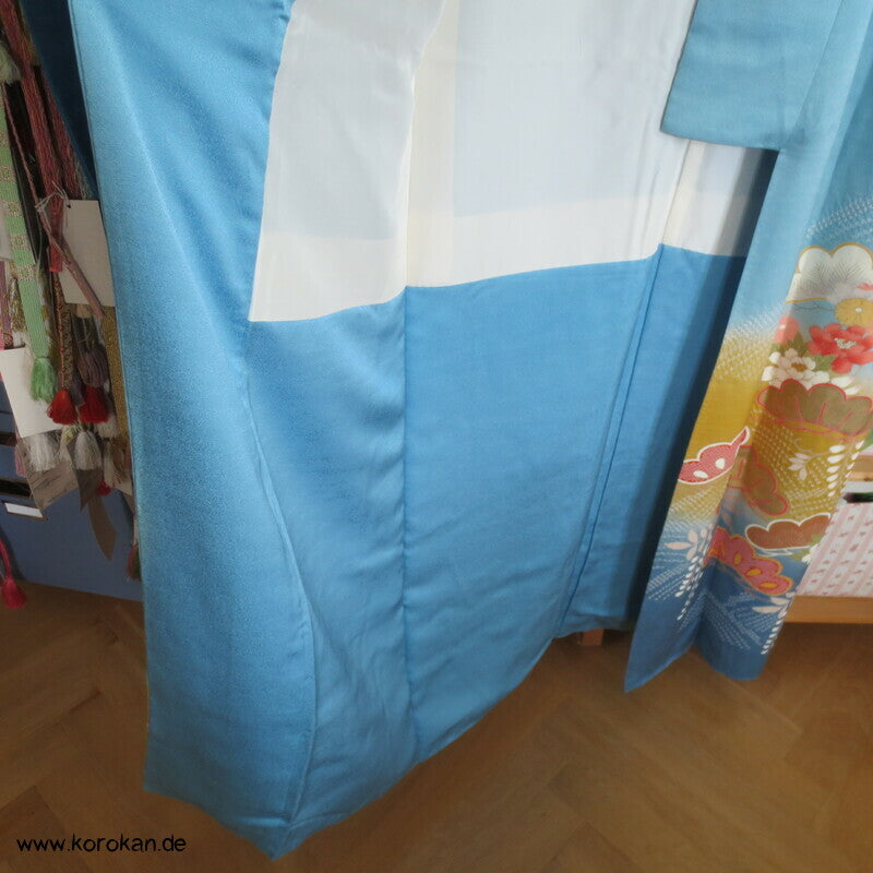 feine Shibori Wellen, Pinien, Wisteria, Päonien Seidencrepe Furisode Kimono