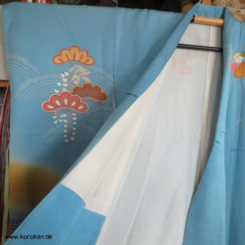 feine Shibori Wellen, Pinien, Wisteria, Päonien Seidencrepe Furisode Kimono