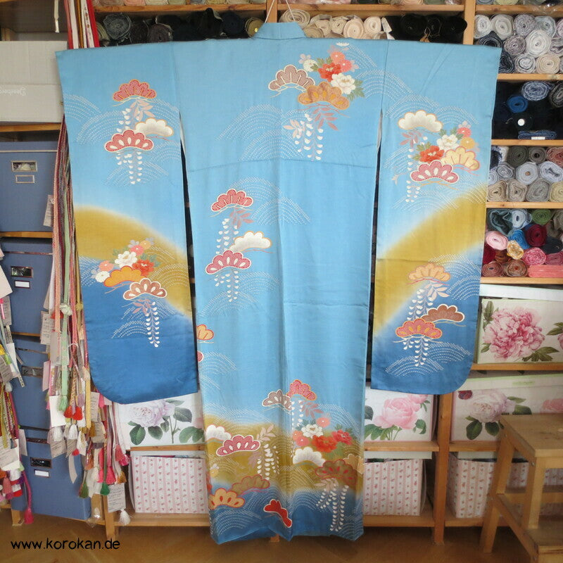 feine Shibori Wellen, Pinien, Wisteria, Päonien Seidencrepe Furisode Kimono