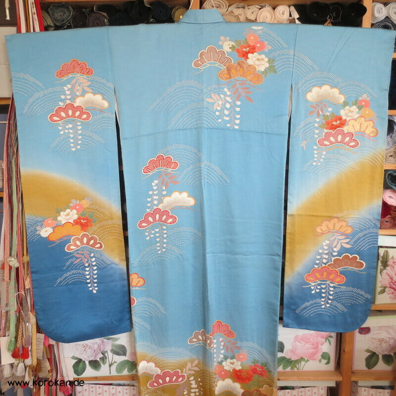 feine Shibori Wellen, Pinien, Wisteria, Päonien Seidencrepe Furisode Kimono