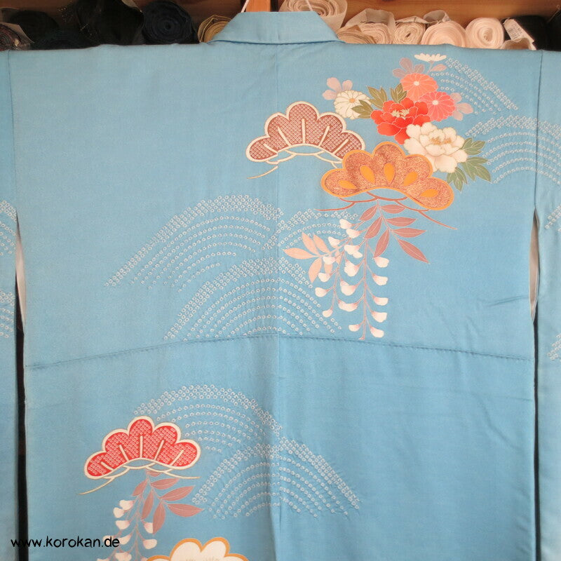 feine Shibori Wellen, Pinien, Wisteria, Päonien Seidencrepe Furisode Kimono