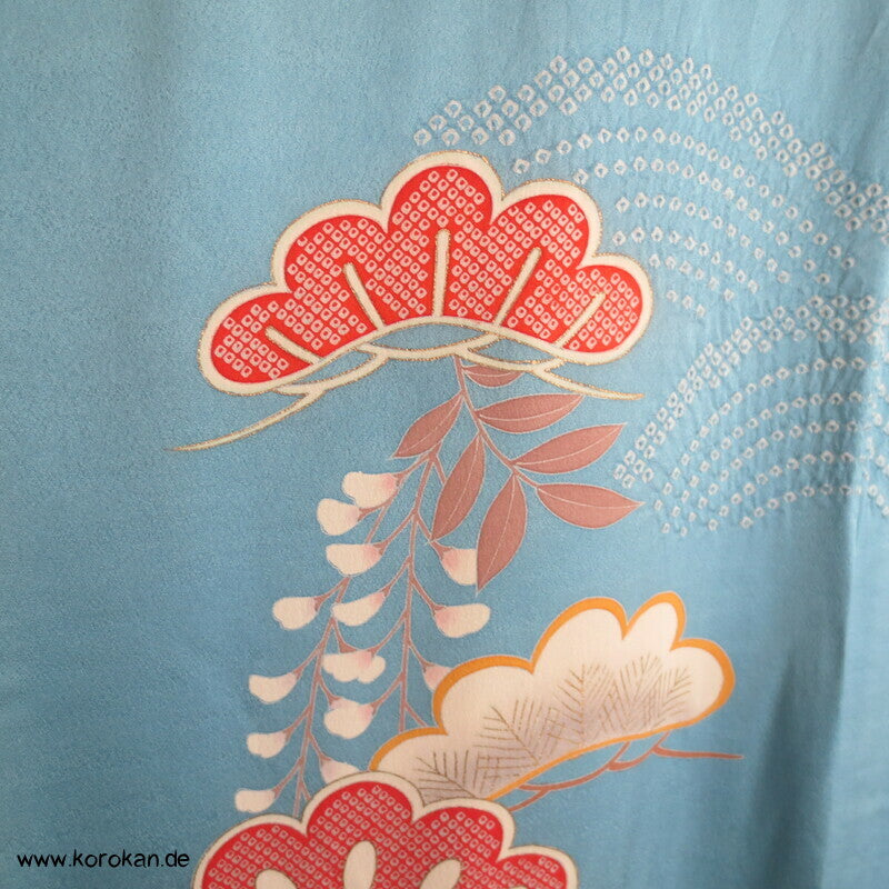 feine Shibori Wellen, Pinien, Wisteria, Päonien Seidencrepe Furisode Kimono
