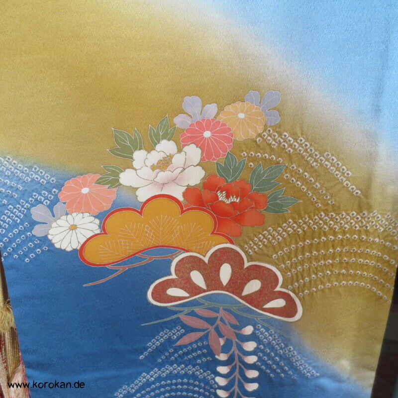 feine Shibori Wellen, Pinien, Wisteria, Päonien Seidencrepe Furisode Kimono