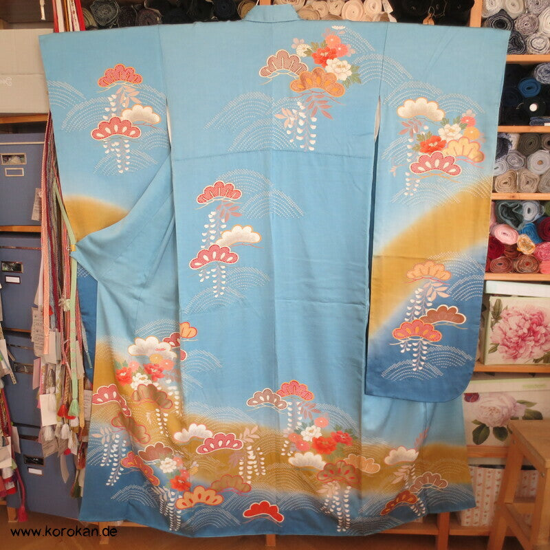 feine Shibori Wellen, Pinien, Wisteria, Päonien Seidencrepe Furisode Kimono