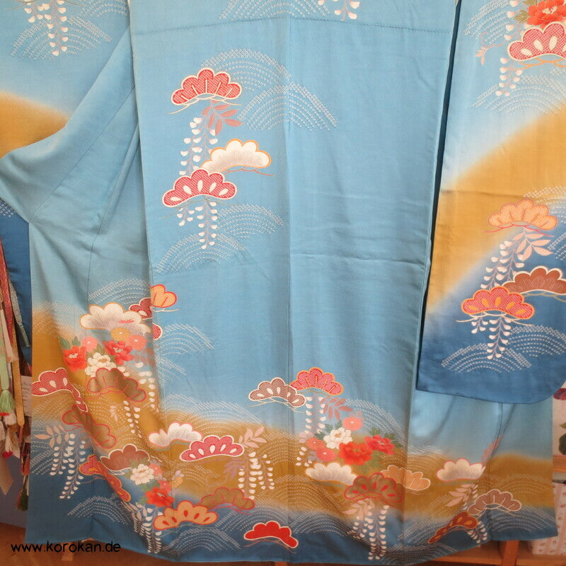 feine Shibori Wellen, Pinien, Wisteria, Päonien Seidencrepe Furisode Kimono