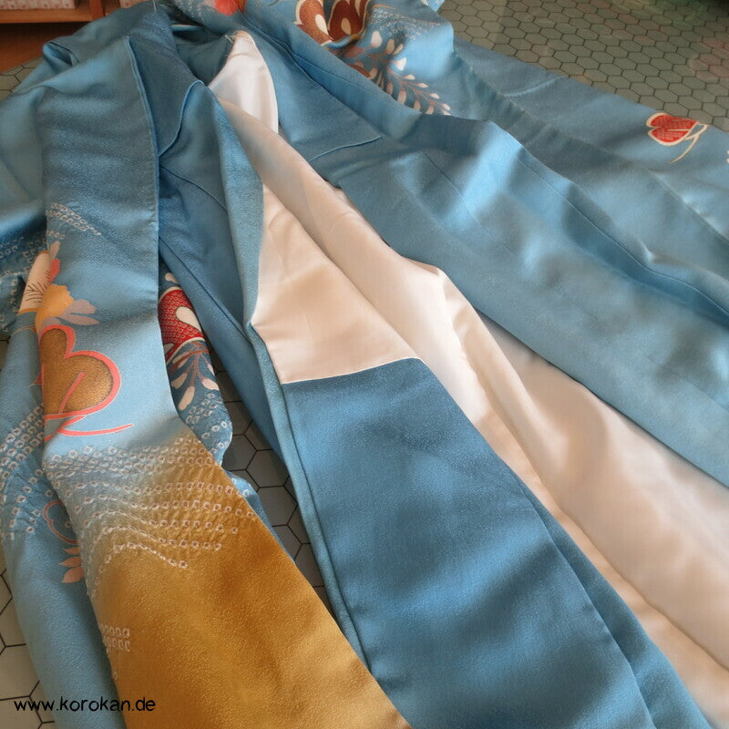 feine Shibori Wellen, Pinien, Wisteria, Päonien Seidencrepe Furisode Kimono