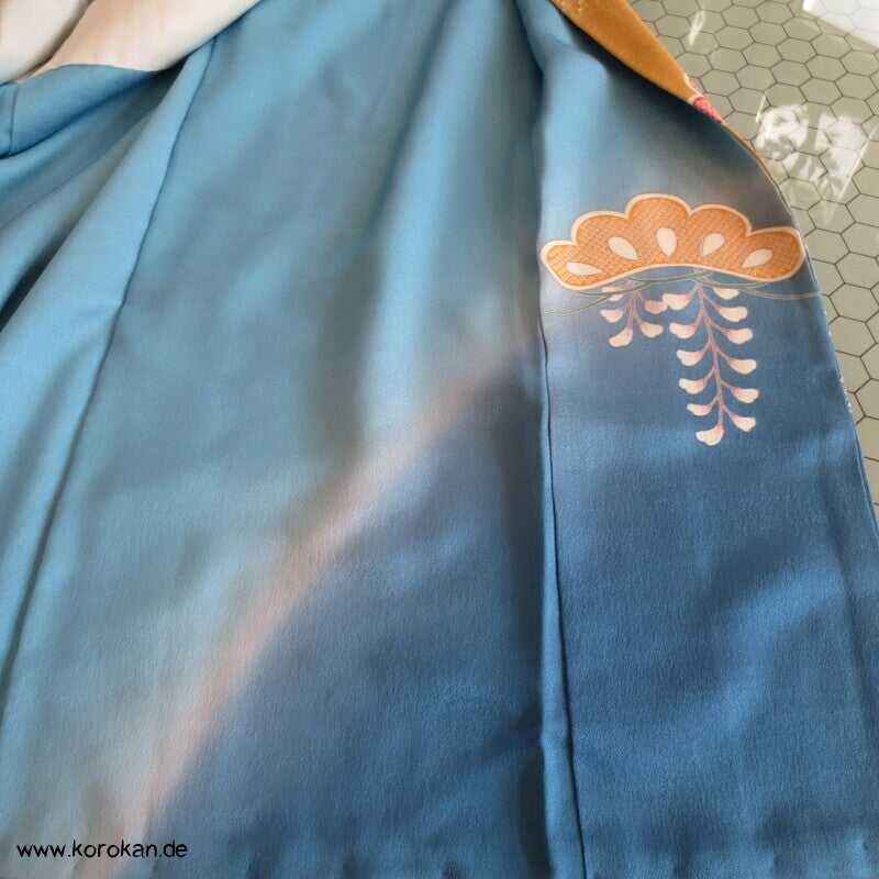 feine Shibori Wellen, Pinien, Wisteria, Päonien Seidencrepe Furisode Kimono