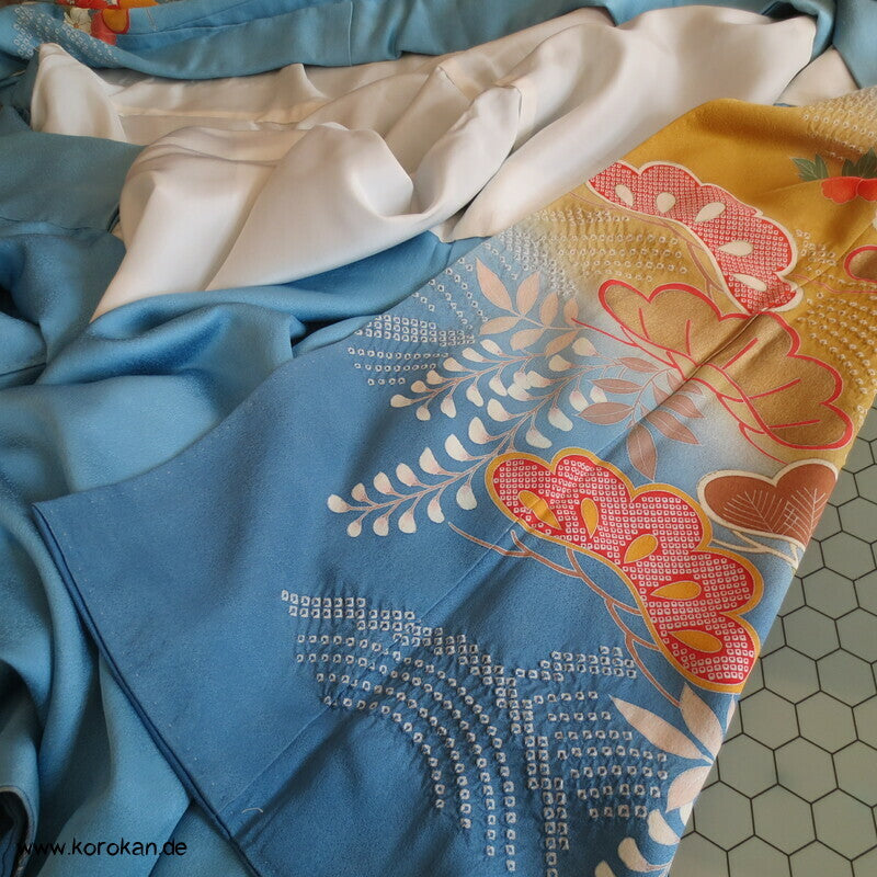 feine Shibori Wellen, Pinien, Wisteria, Päonien Seidencrepe Furisode Kimono