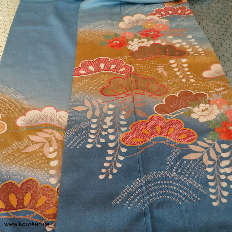 feine Shibori Wellen, Pinien, Wisteria, Päonien Seidencrepe Furisode Kimono